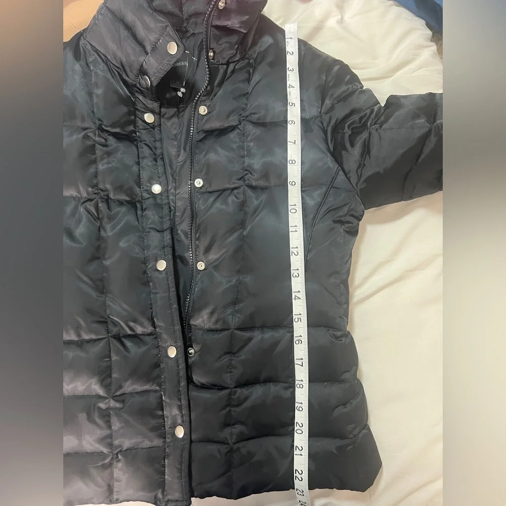 Express Black Puffer Jacket with High Collar pockets button &‎ zipper closure